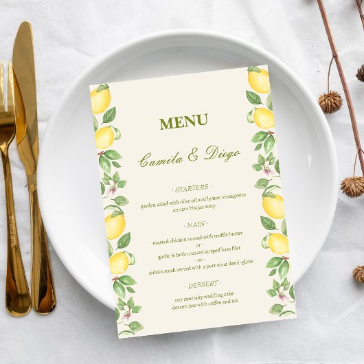 Modern Mediterranean Olive Lemon Elegant Wedding Menükarte