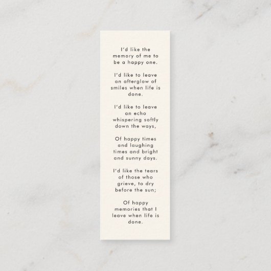 Modern Memorial Beerdigung Gedicht Mini Lesezeiche Mini Visitenkarte (Rückseite)