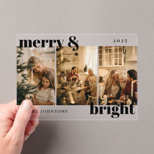 Modern Merry and Bright 3 Photo Holiday Card Acryleinladungen (Insitu (Handheld))