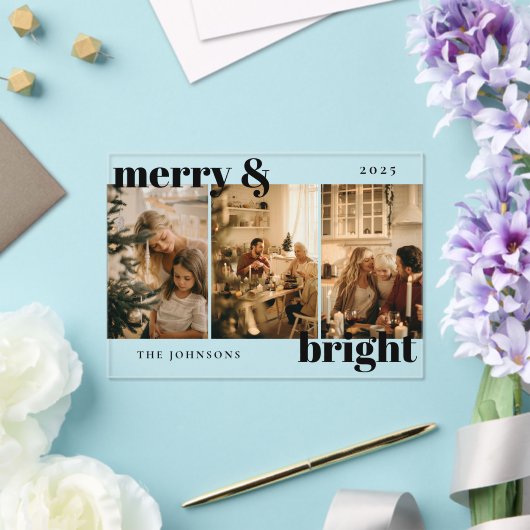 Modern Merry and Bright 3 Photo Holiday Card Acryleinladungen (In Situ (Hochzeit))