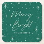 Modern Merry and Bright Script Green Holiday Rechteckiger Pappuntersetzer (Vorderseite)