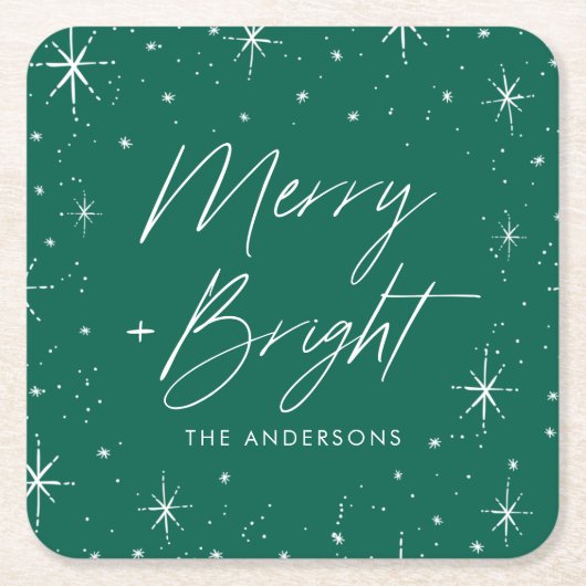 Modern Merry and Bright Script Green Holiday Rechteckiger Pappuntersetzer (Vorderseite)