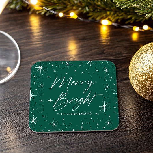 Modern Merry and Bright Script Green Holiday Rechteckiger Pappuntersetzer
