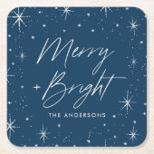 Modern Merry and Bright Script Navy Holiday Rechteckiger Pappuntersetzer (Vorderseite)