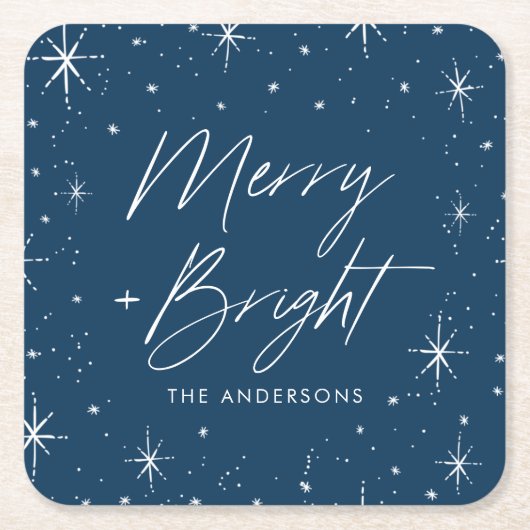 Modern Merry and Bright Script Navy Holiday Rechteckiger Pappuntersetzer (Vorderseite)
