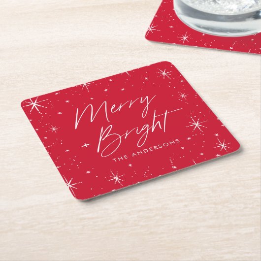 Modern Merry and Bright Script Red Holiday Rechteckiger Pappuntersetzer (angewinkelt)