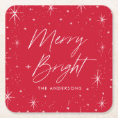 Modern Merry and Bright Script Red Holiday Rechteckiger Pappuntersetzer (Vorderseite)