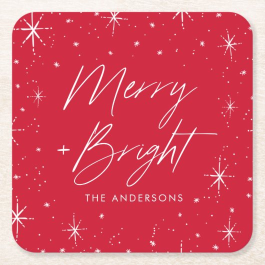 Modern Merry and Bright Script Red Holiday Rechteckiger Pappuntersetzer (Vorderseite)