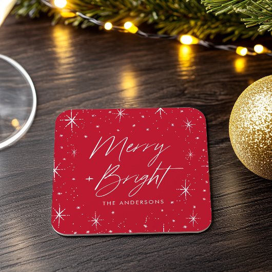 Modern Merry and Bright Script Red Holiday Rechteckiger Pappuntersetzer