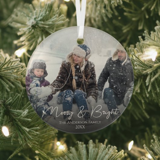Modern Merry & Bright Calligraphy Family Photo Ornament Aus Glas (InSitu)