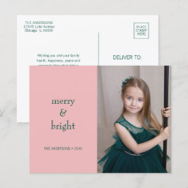 Modern Merry & Bright Christmas Green & Pink Feiertagspostkarte