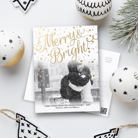 Modern Merry Bright Gold Confetti Foto Postkarte