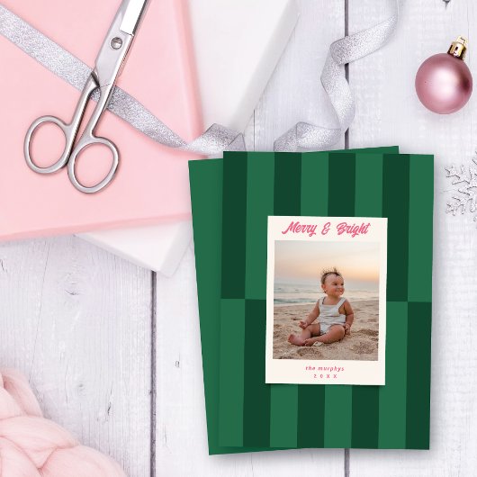 Modern Merry & Bright Green Stripes Weihnachten