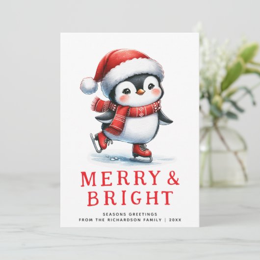 Modern Merry Bright Ice Skaten Penguin Weihnachten (Stehend Vorderseite)
