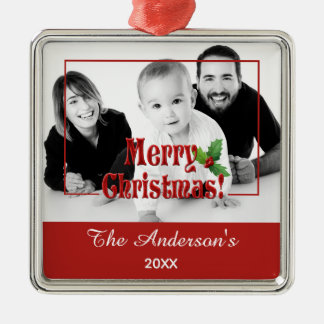 Modern Merry Christmas and Holly Custom Photo Red Ornament Aus Metall