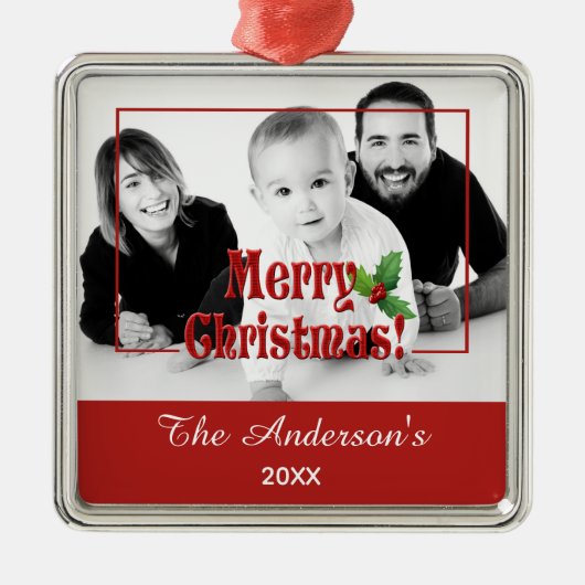 Modern Merry Christmas and Holly Custom Photo Red Ornament Aus Metall (Vorne)