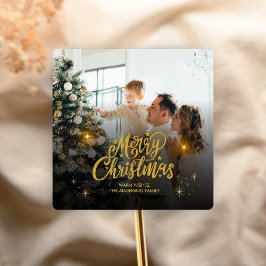 Modern Merry Christmas Family Photo Quadratischer Aufkleber