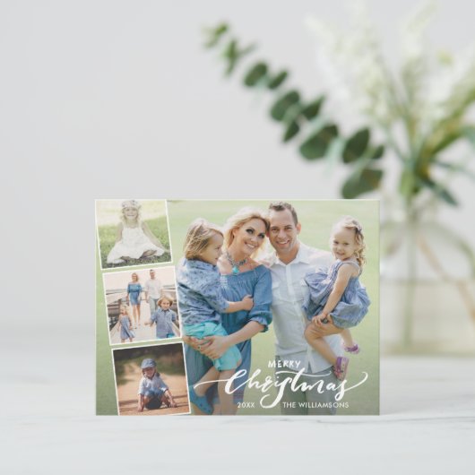 Modern Merry Christmas Hand Lettered Photo Collage Postkarte (Stehend Vorderseite)