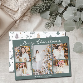 Modern Merry Christmas Photo Collage Grey Green Feiertagskarte