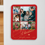 Modern Merry Christmas red photo collage Magnet<br><div class="desc">Elegant stylish Merry Christmas faux gold classic calligraphy script six family photos red holiday festive keepsake magnet with your custom personalized text.</div>