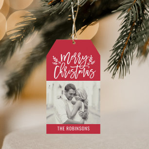 Modern Merry Christmas Red Script Photo Geschenkanhänger