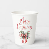 Modern Merry Christmas Script Holly Bow Pappbecher (Rückseite)