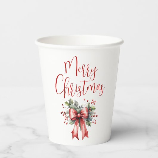 Modern Merry Christmas Script Holly Bow Pappbecher (Rückseite)