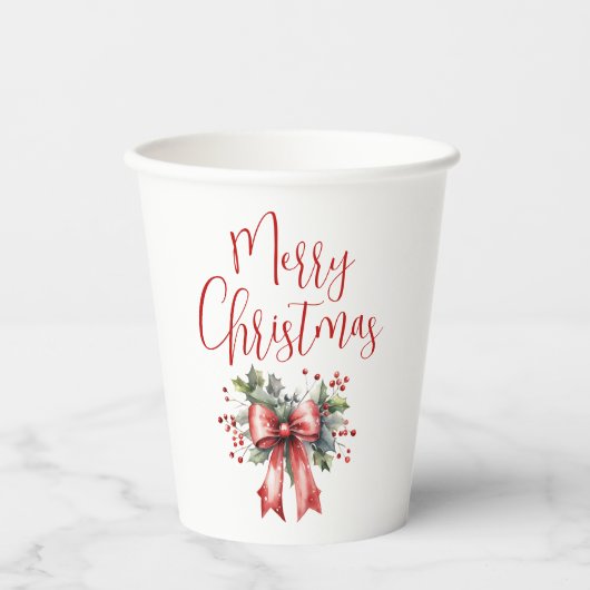 Modern Merry Christmas Script Holly Bow Pappbecher (Vorderseite)