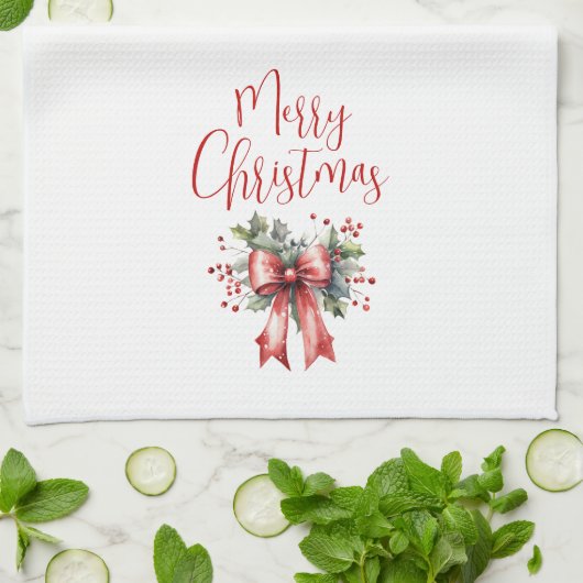 Modern Merry Christmas Script Red Bow Geschirrtuch (Gefaltet)