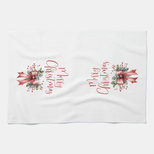 Modern Merry Christmas Script Red Bow Geschirrtuch (Horizontal)