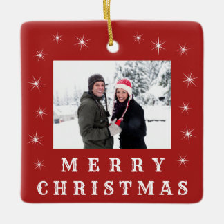 Modern Merry Christmas Snow Family Photo Red Keramikornament