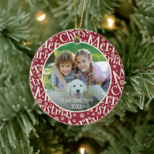 Modern MERRY CHRISTMAS Snowflake Foto Cranberry Keramik Ornament