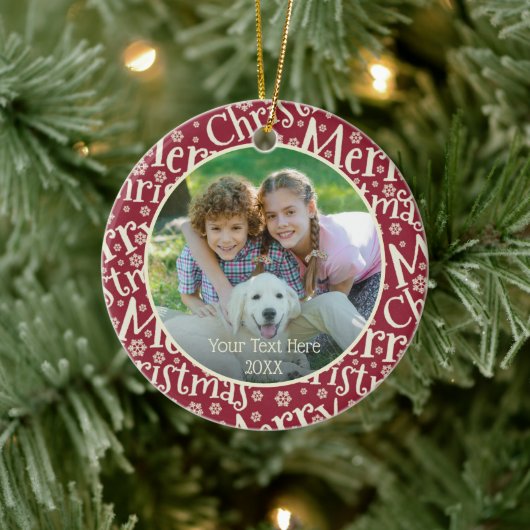 Modern MERRY CHRISTMAS Snowflake Foto Cranberry Keramik Ornament (Baum)
