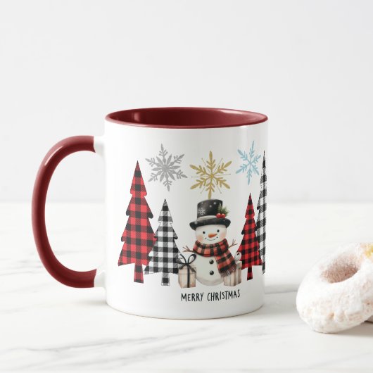 Modern "Merry Christmas" Trees and Snowman Tasse (Mit Donut)