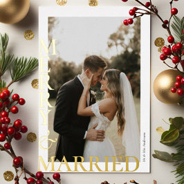 Modern Merry Married Photos Gold Script Folien Feiertagskarte