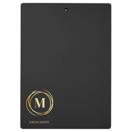Modern metallic gold circle shape monogram black klemmbrett (Rückseite)