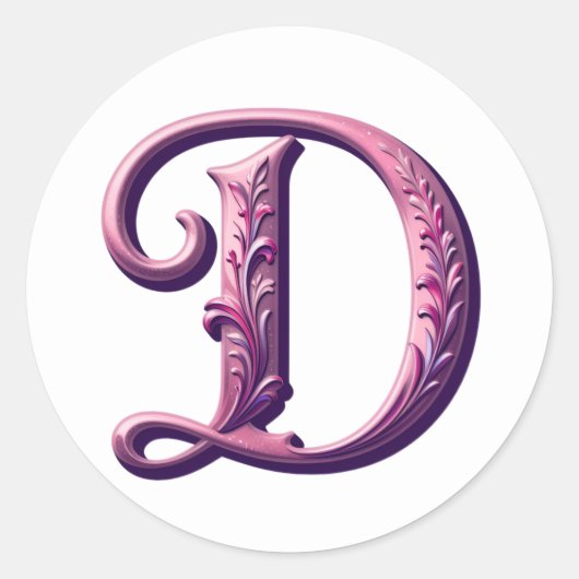 Modern Metallic Rosemaling Letter D, Pink/Purple Runder Aufkleber (Vorderseite)
