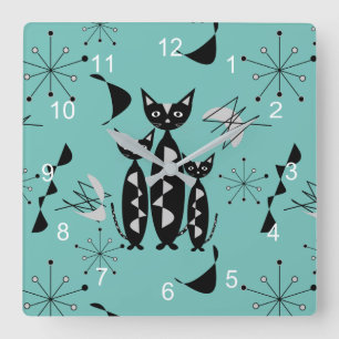 Modern Mid Century Retro Cats Cute Pattern Quadratische Wanduhr