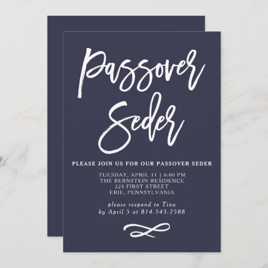 Modern Midnight Blue and White Passover Sever Card Einladung (Vorne/Hinten)