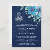 Modern Midnight Blue Floral Islamische Hochzeit Einladung (Vorderseite)