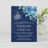 Modern Midnight Blue Floral Islamische Hochzeit Einladung (Stehend Vorderseite)