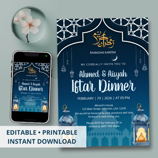 Modern Midnight Blue & Gold Lantern Iftar Einladung
