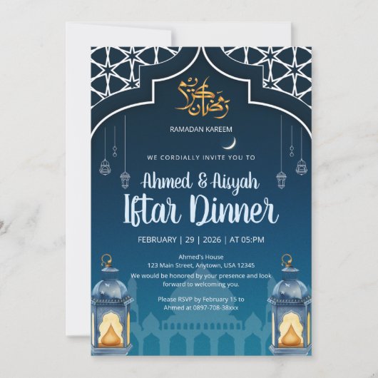 Modern Midnight Blue & Gold Lantern Iftar Einladung (Vorderseite)