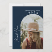 Modern Minimal 2 Photo Script Navy Blue Graduation Dankeskarte (Vorderseite)