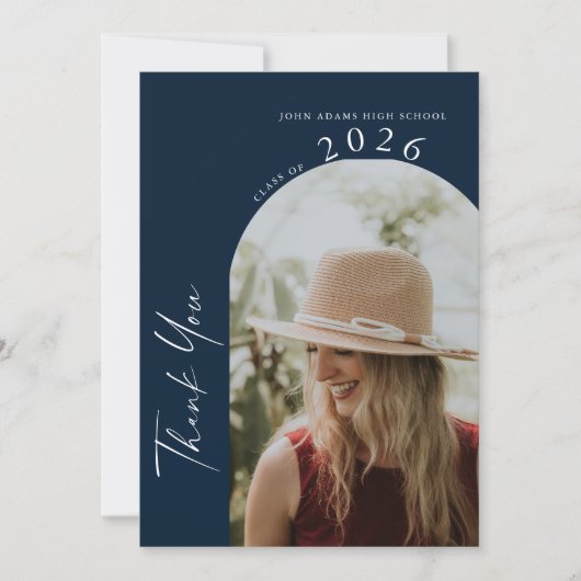 Modern Minimal 2 Photo Script Navy Blue Graduation Dankeskarte (Vorderseite)