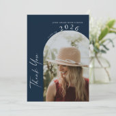 Modern Minimal 2 Photo Script Navy Blue Graduation Dankeskarte (Stehend Vorderseite)