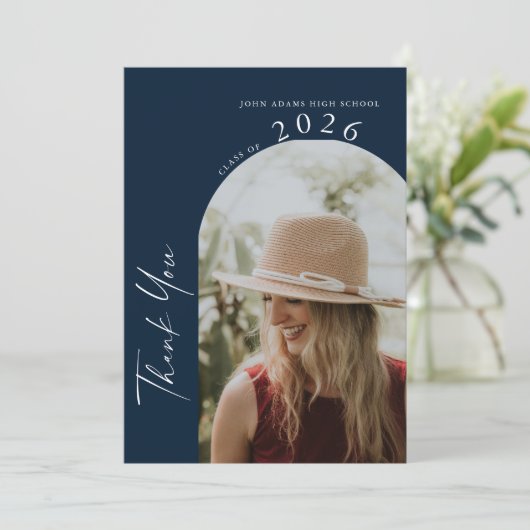 Modern Minimal 2 Photo Script Navy Blue Graduation Dankeskarte (Stehend Vorderseite)