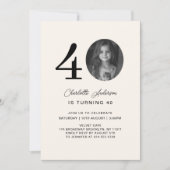 Modern, minimal 40. Beige Birthday Foto Einladung (Vorderseite)
