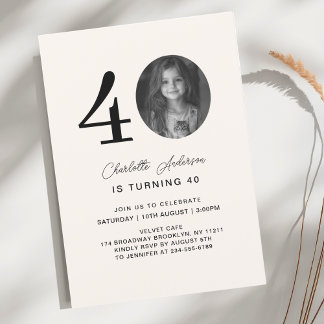 Modern, minimal 40. Beige Birthday Foto Einladung