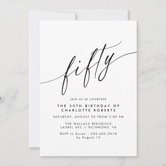 Modern Minimal Airy Black and White 50th Birthday Einladung (Vorderseite)